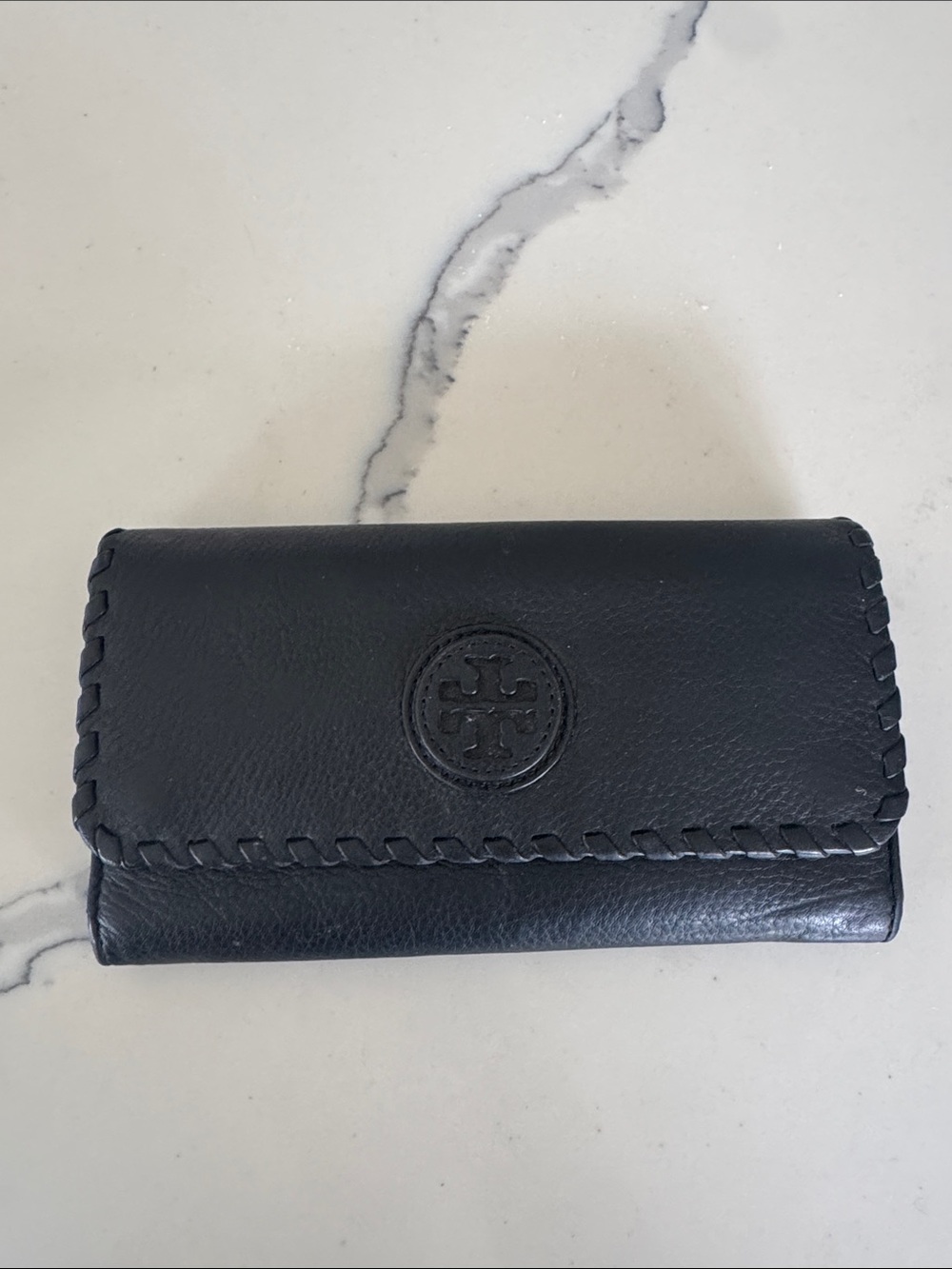 Tory Burch Black Leather Key & Card Holder with Whipstitch Trim